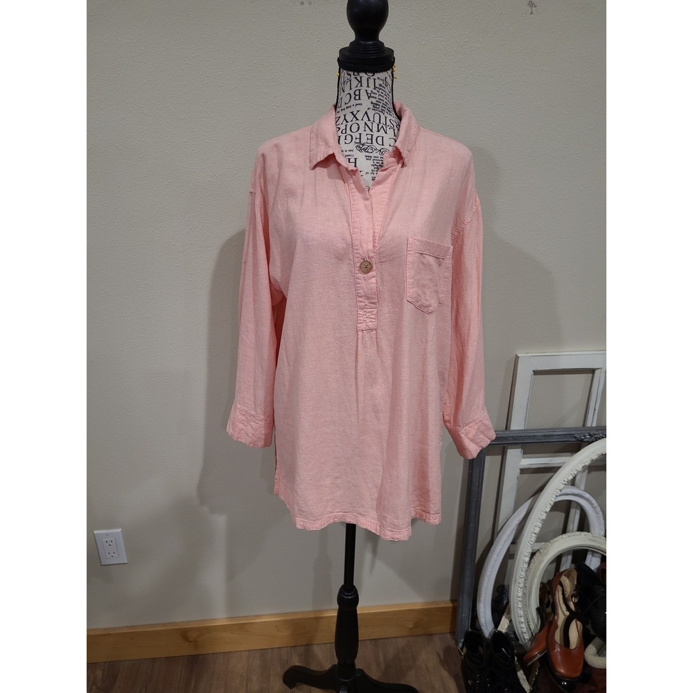 Old Navy Women SZ L Peach Linen blend popover Tunic‎ Top lagonlook boho casual